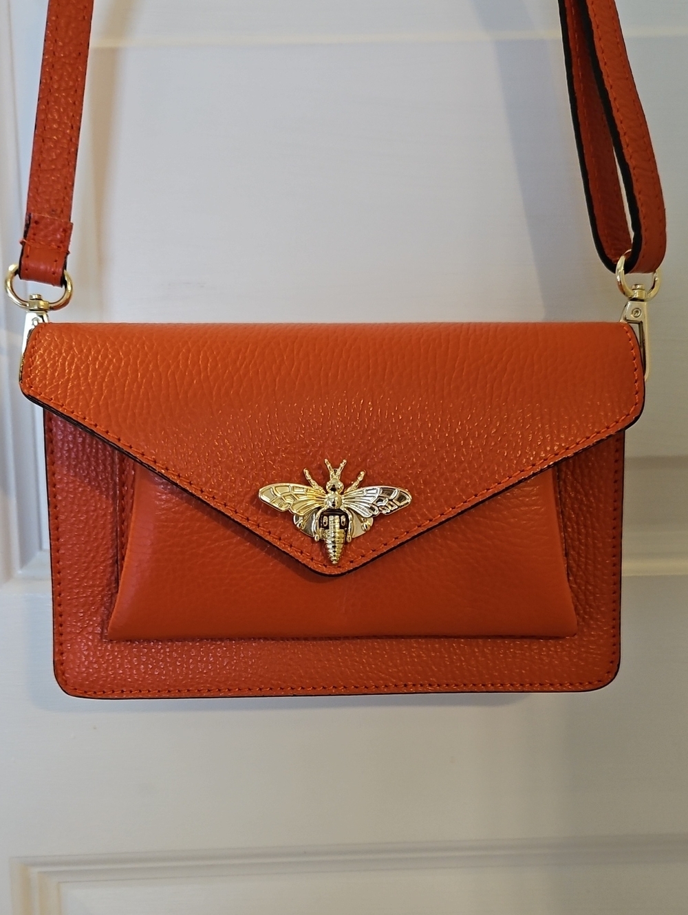 Italian Leather Crossbody Bag with Gold Bee Accent